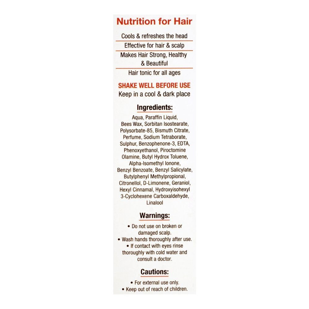Product label for hair tonic with ingredients, usage instructions, and warnings.