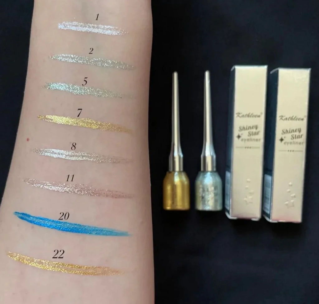 Cosmetic product swatches on a arm with two bottles and their packaging in the background.