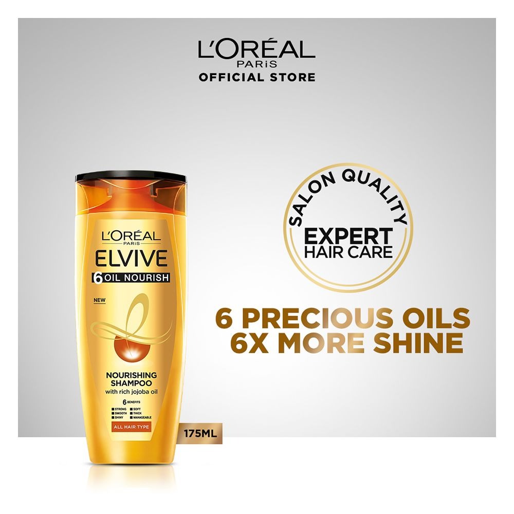 L'Oreal Elvive shampoo bottle with branding and product details on a gray background