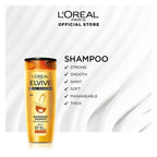 L'Oreal Elvive shampoo bottle with product benefits on a white background
