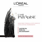 L'Oreal Paris Lash Paradise product with brush and ingredient list on a white background