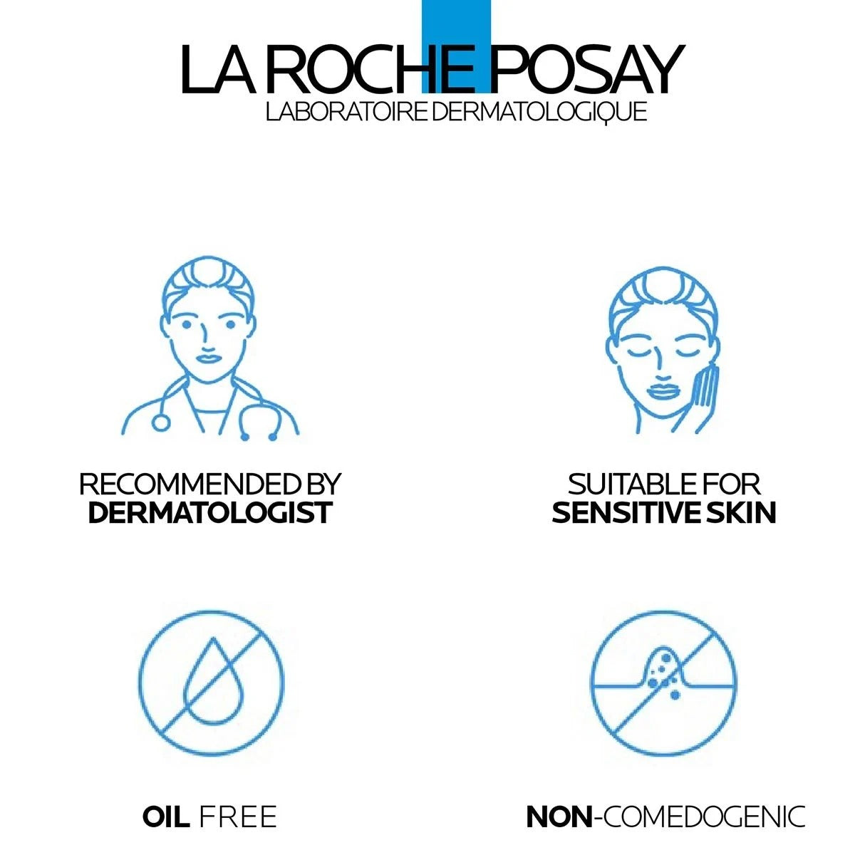 La Roche-Posay branding with icons indicating dermatologist recommendation, suitability for sensitive skin, oil-free, and non-comedogenic properties on a white background.