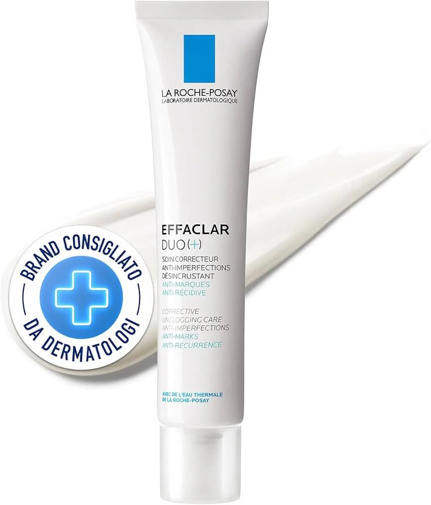 La Roche-Posay Effaclar Duo+ tube with dermatologist recommendation label on a white background