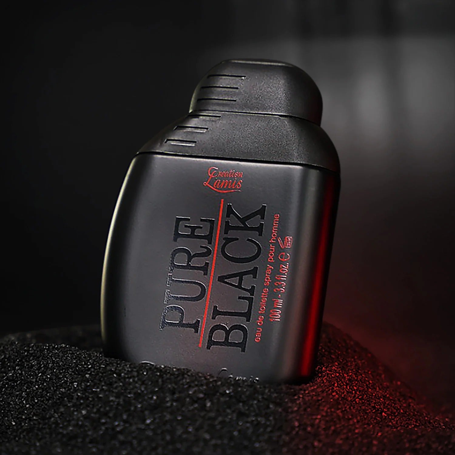 Black bottle of Lamis Pure Black perfume on a dark background