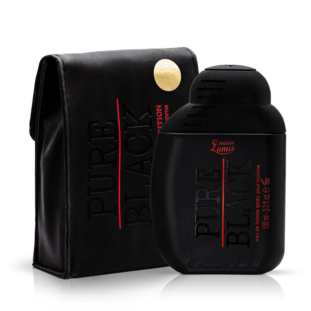 Black 'Pure Black' perfume bottle and leather case on a white background