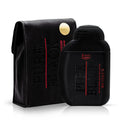 Black 'Pure Black' perfume bottle and leather case on a white background