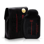 Black 'Pure Black' perfume bottle and leather case on a white background