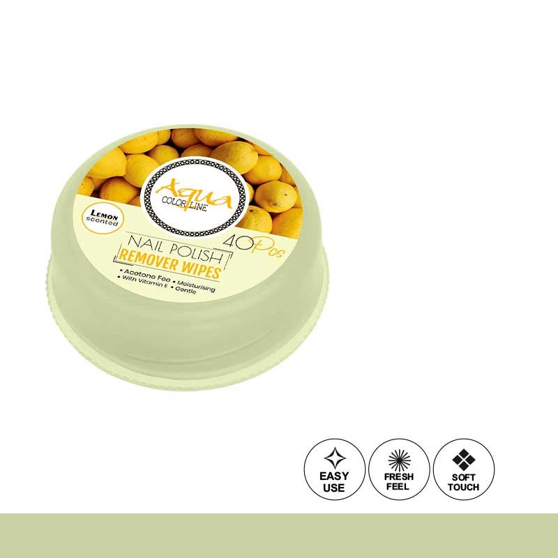 Container of nail polish remover wipes with lemon scent on a white background