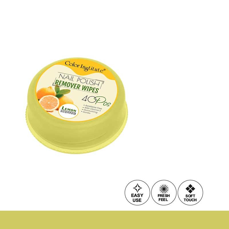 Container of nail polish remover wipes with lemon scent on a white background