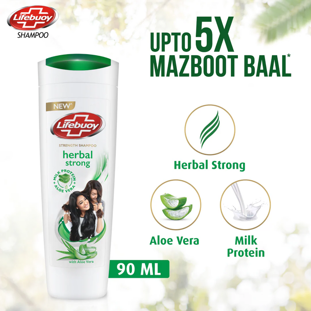 Lifebuoy Herbal Strong shampoo bottle with product details on a white background
