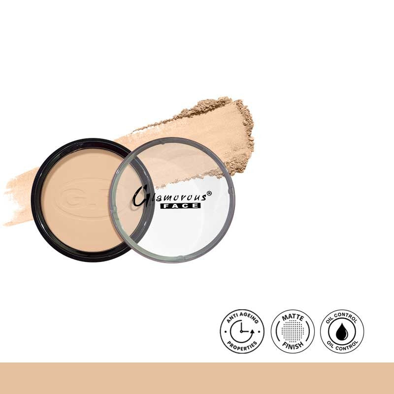 Makeup compact with a mirror and swatch on a white background, featuring the brand 'Glamorous Face'.