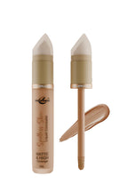 Liquid concealer with applicator and swatch on a white background