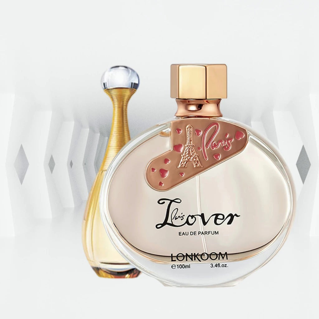 Two perfume bottles, one gold and one beige with 'Lonkoom' branding, on a white background.