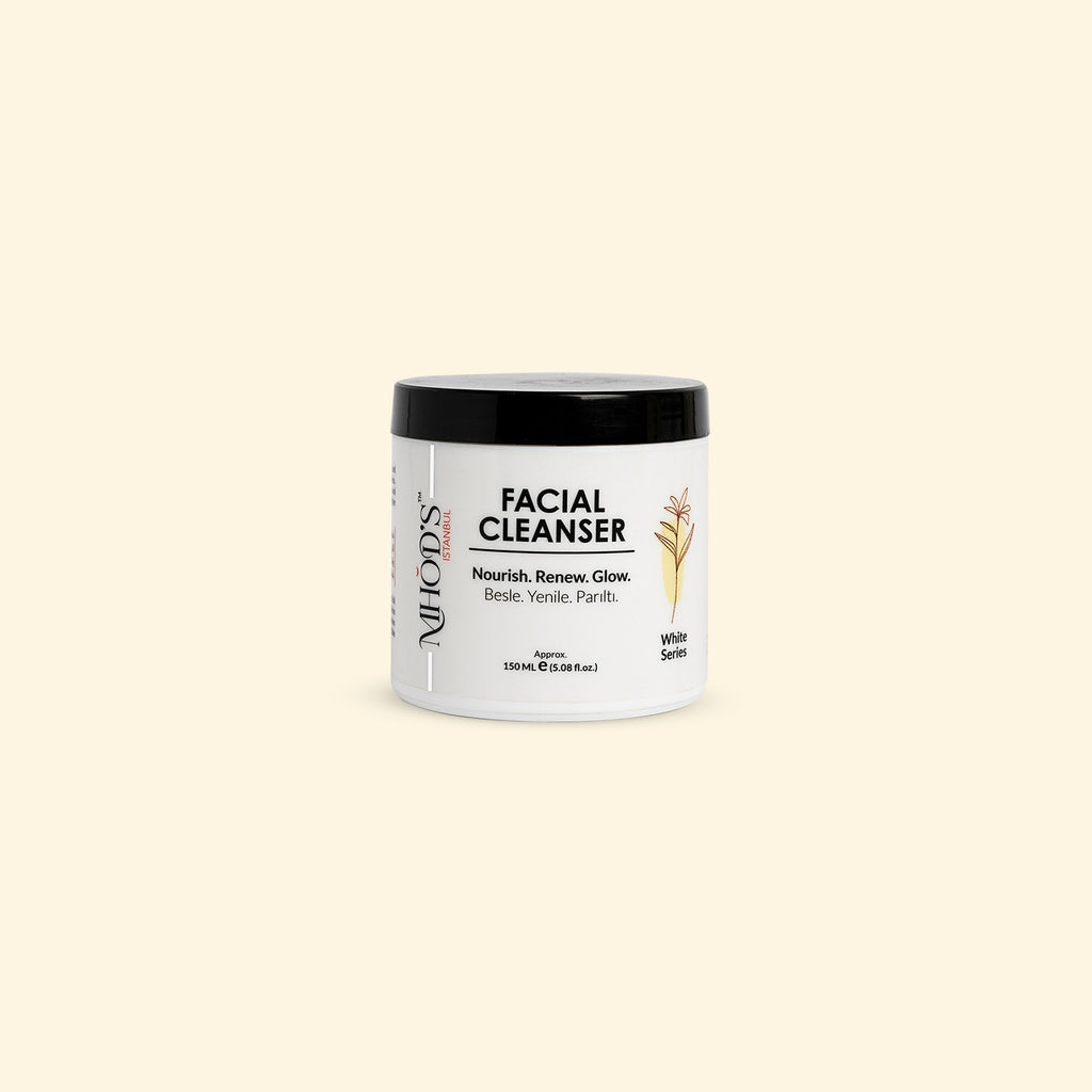 MHOD's Facial Cleanser jar with a white label on a beige background