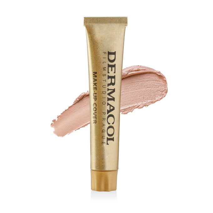 Dermacol makeup cover tube with a swatch on a white background