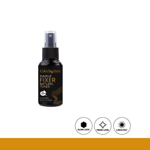 Makeup fixer spray bottle with brand name on a white background