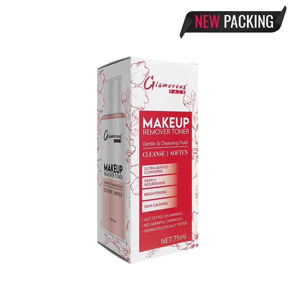 Makeup remover toner packaging with 'Glamorous' branding on a white background