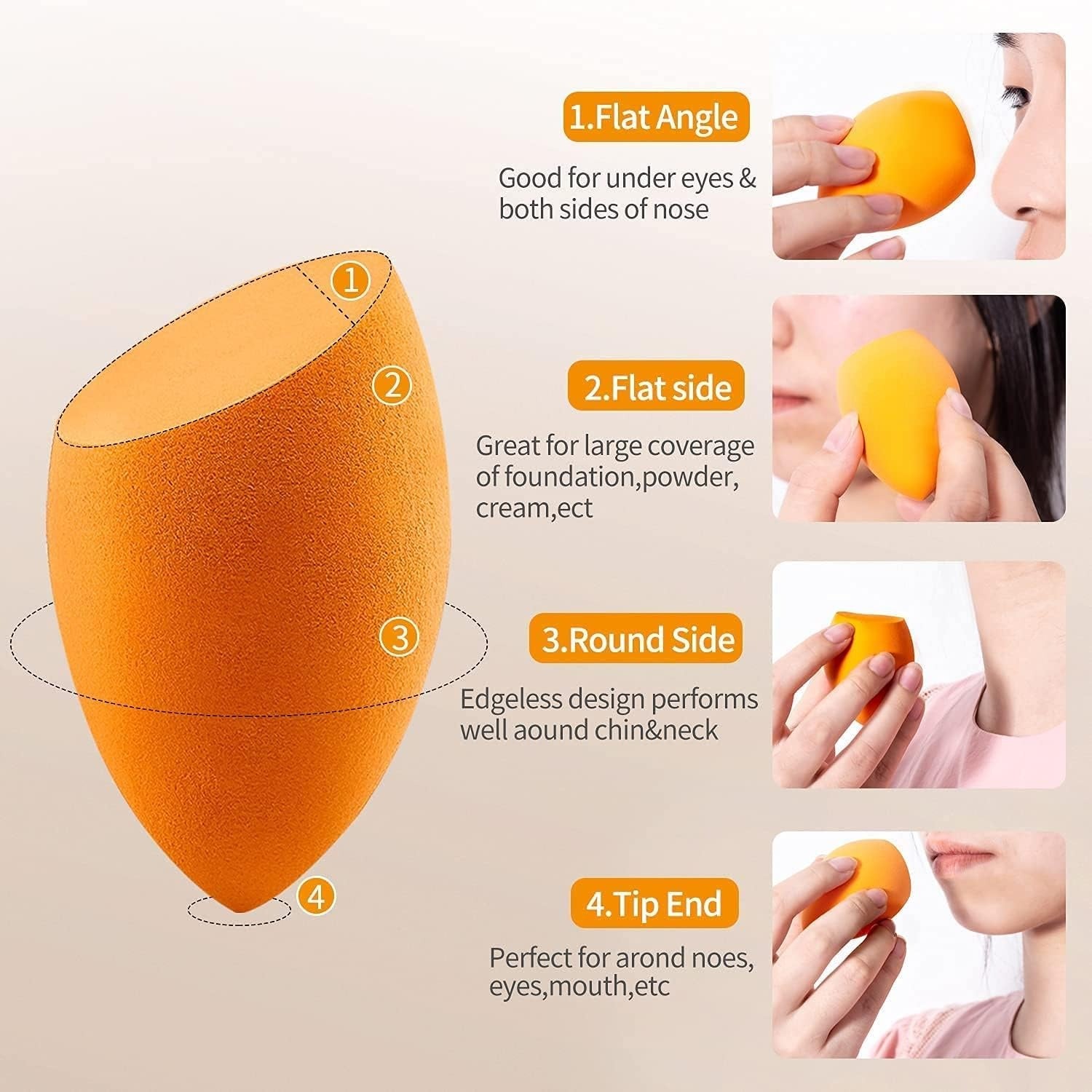 Orange makeup sponge with usage instructions and examples on a beige background