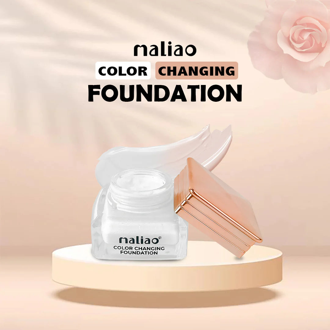 Maliao color-changing foundation jar with applicator on a beige background