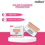 Maliao color-changing foundation with packaging on a pink and white background