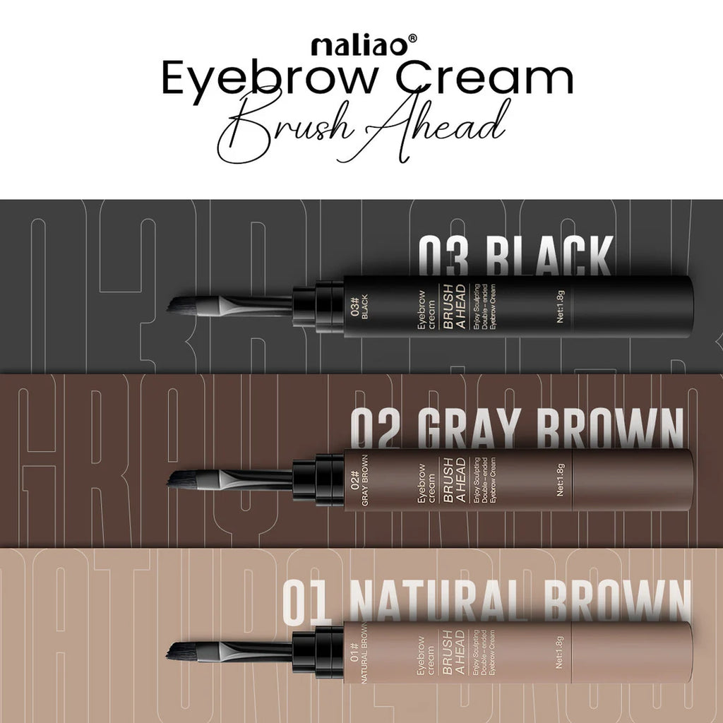 Three eyebrow cream tubes labeled 'Black', 'Gray Brown', and 'Natural Brown' on a gradient background.