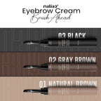 Three eyebrow cream tubes labeled 'Black', 'Gray Brown', and 'Natural Brown' on a gradient background.