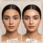 Before and after comparison of a woman's face using Maliao Glow Me Makeup Fixer