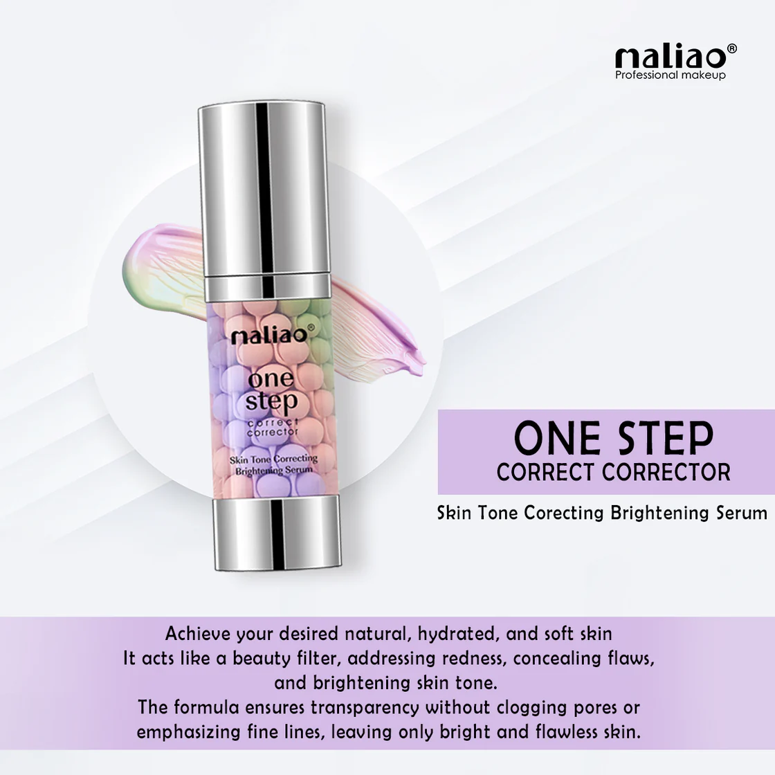 Maliao One Step Correct Corrector serum bottle with product description on a light purple background