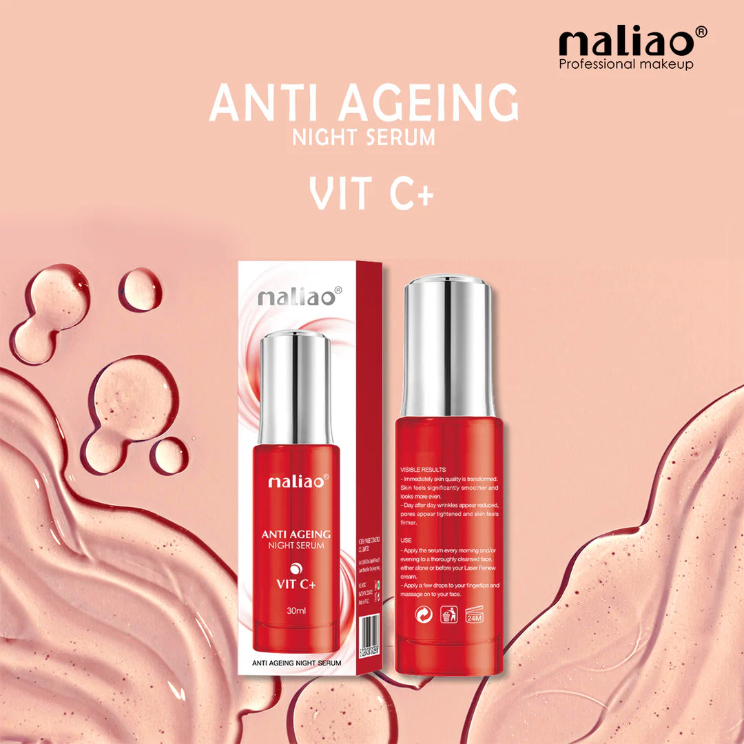 Anti-aging night serum with Vitamin C from maliao on a pink background