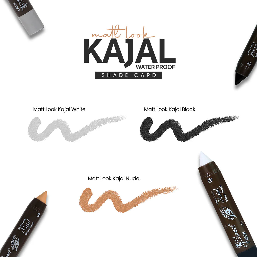 Matt Look Kajal water proof shade card with three kajal shades on a white background.