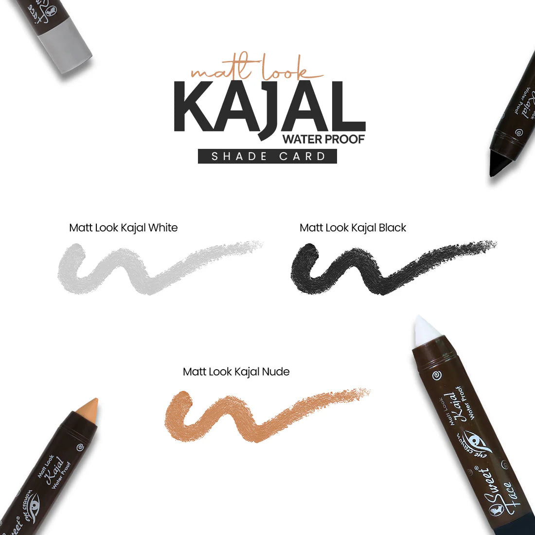 Matt Look Kajal water proof shade card with three kajal shades on a white background.