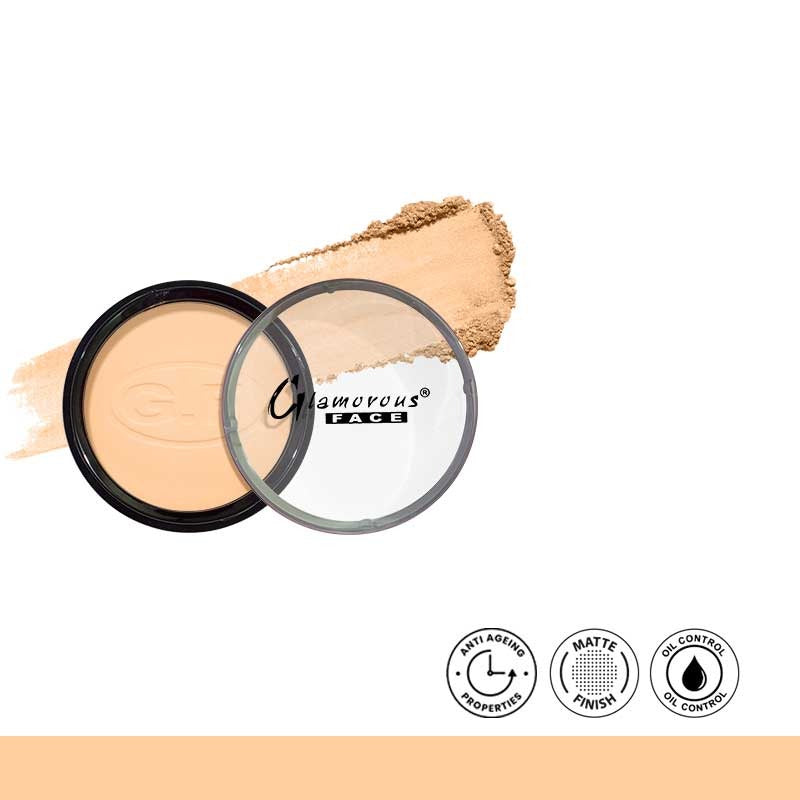 Makeup compact with a swatch of powder on a white background