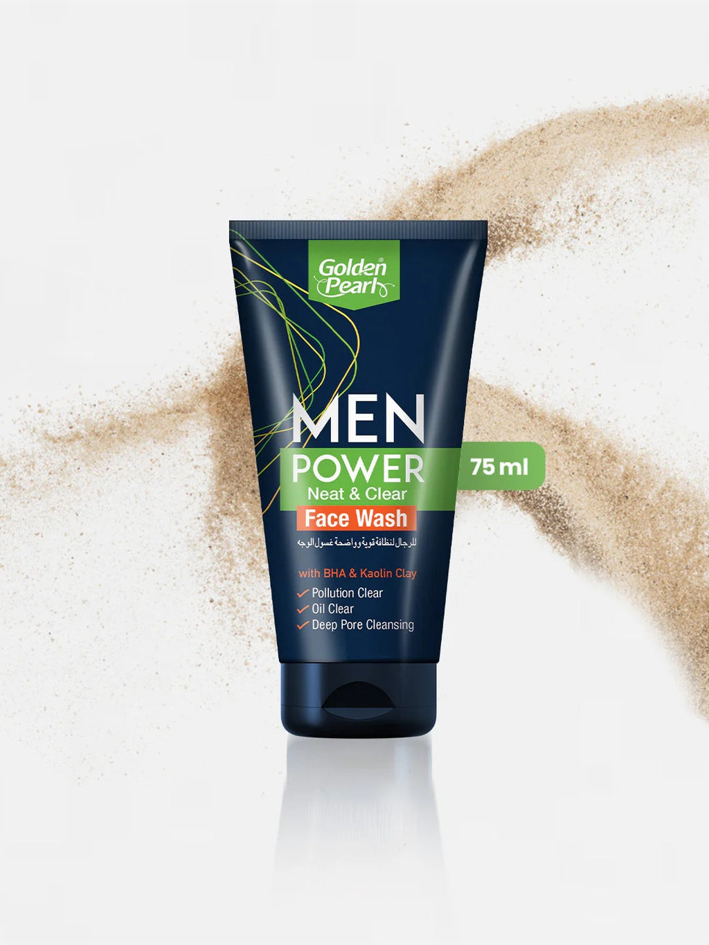 Tube of Golden Pearl Men Power Face Wash on a white background with sand-like texture