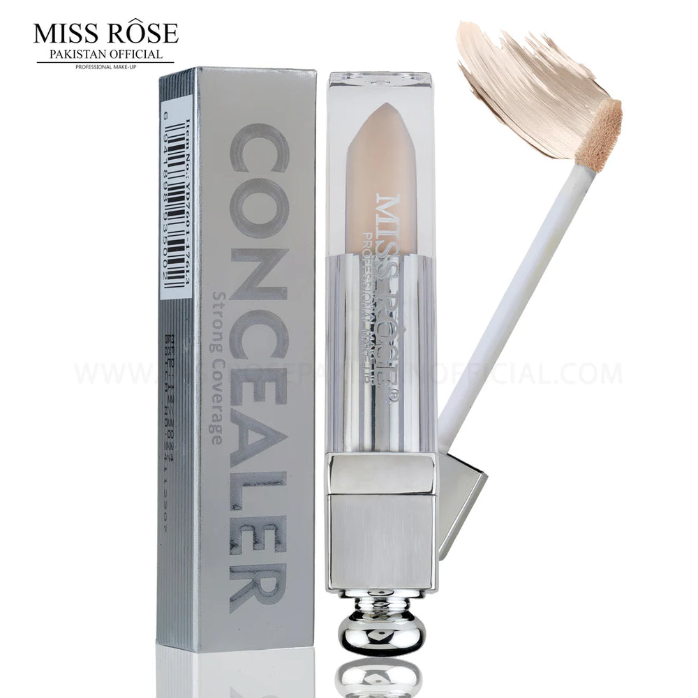 Miss Rose concealer with applicator and packaging on a white background