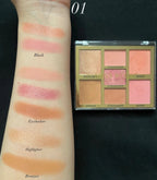 Makeup swatches on a arm with a palette labeled 'Blush', 'Eyeshadow', 'Highlighter', and 'Bronzer'.
