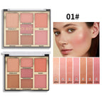 Makeup palette with blush and eyeshadow shades, a woman's face with blush applied, and color swatches.