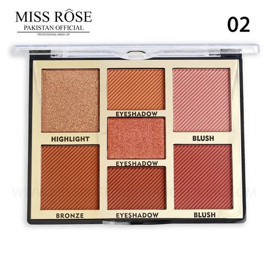 Makeup palette with six color swatches labeled for Miss Rose brand.