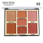 Makeup palette with six color swatches labeled for Miss Rose brand.