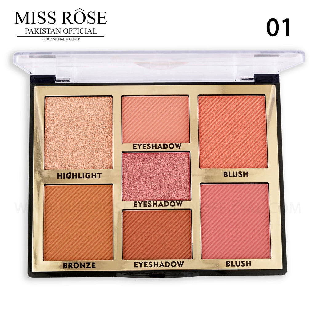 Makeup palette with various shades labeled for Miss Rose brand on a white background