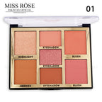 Makeup palette with various shades labeled for Miss Rose brand on a white background