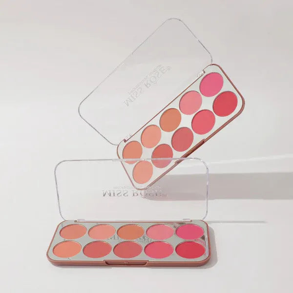 Two Miss Rose makeup palettes with blush shades on a white background