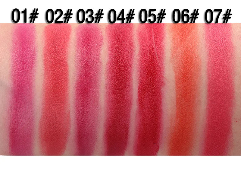 Color swatches of lipstick shades on a skin background