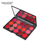 Miss Rose professional makeup palette with red and pink lip colors on a white background
