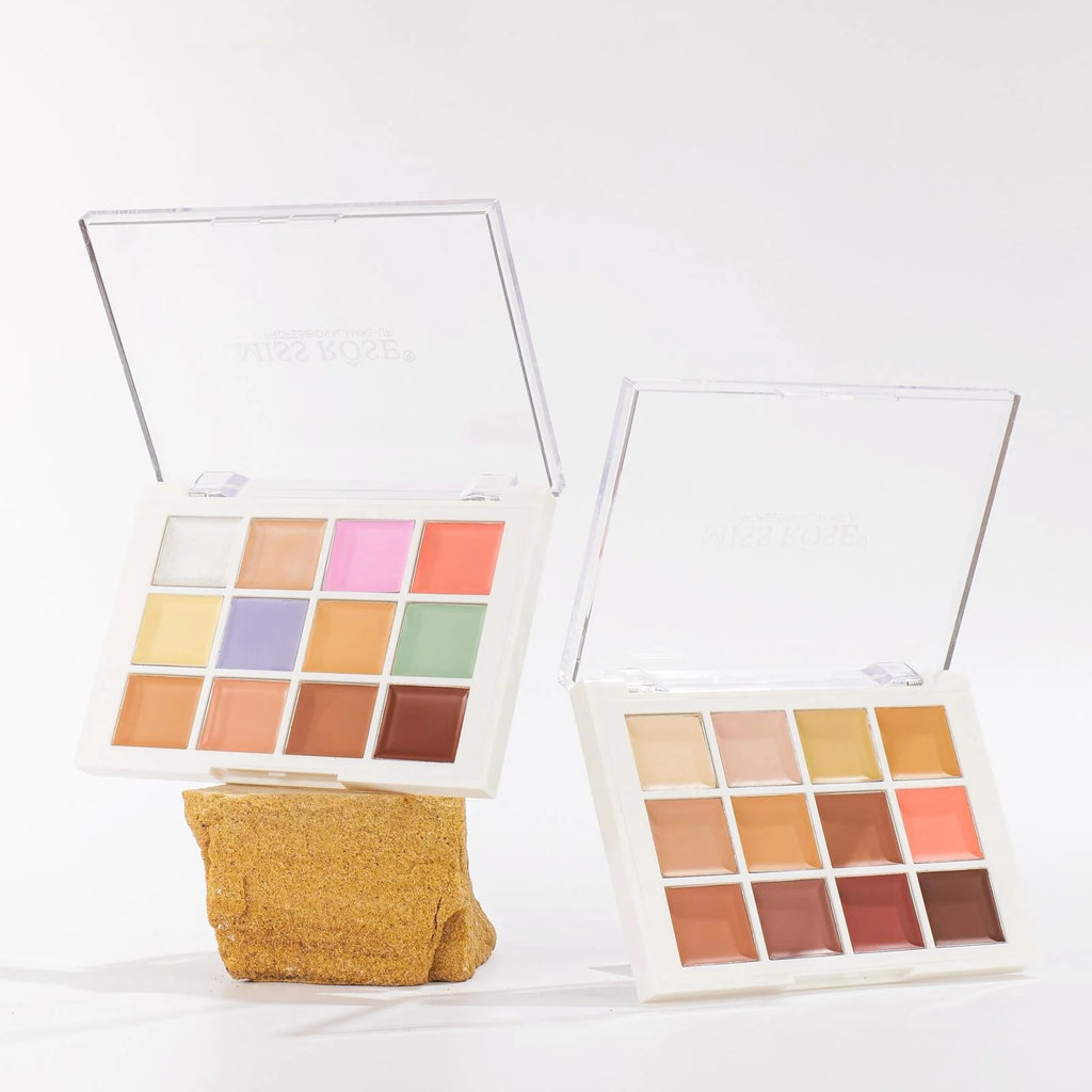 Two open makeup palettes with colorful swatches on a white background