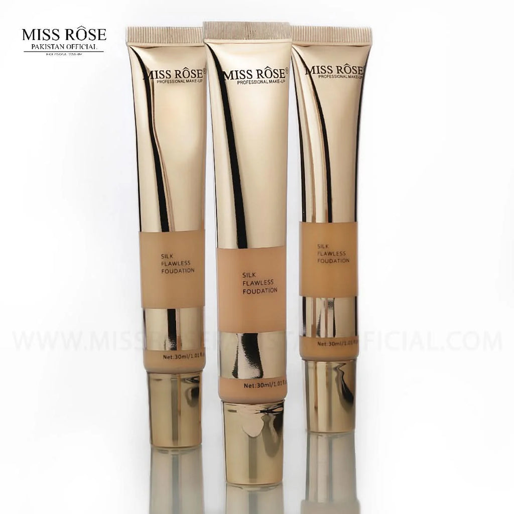 Three tubes of Miss Rose Silk Flawless Foundation on a white background
