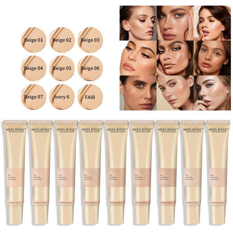Miss Rose foundation tubes with color swatches and model faces