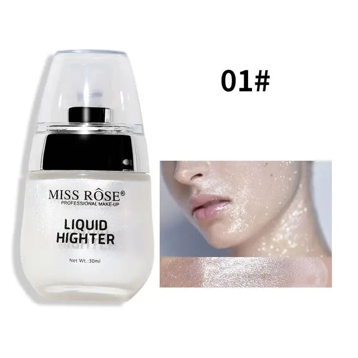 Miss Rose liquid highlighter with a close-up of a person using it on their face.
