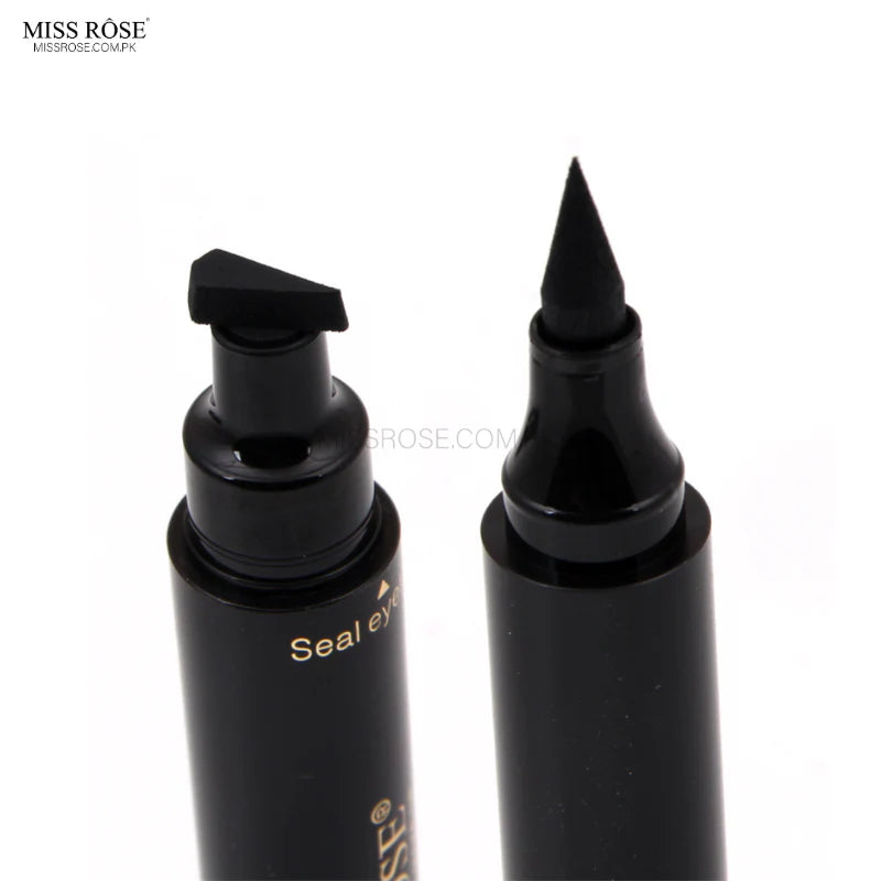 Black eyeliner pen and pump bottle with 'MISS ROSE' branding on a white background.