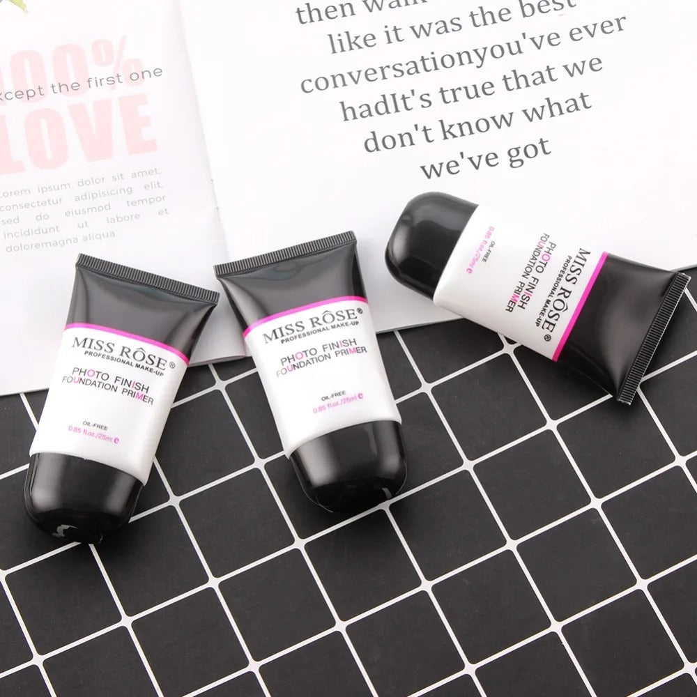 Three tubes of Miss Rose photo finish foundation primer on a checkered surface with text in the background.
