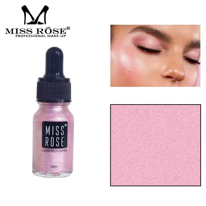 Miss Rose liquid highlighter bottle with dropper, close-up of application on skin, and pink highlighter swatch.